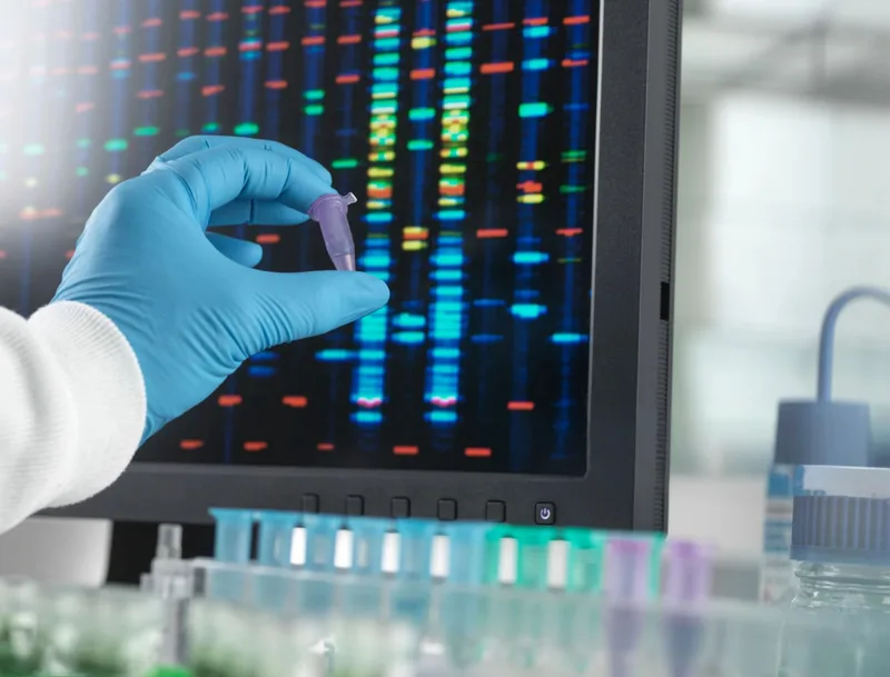 A scientist in a laboratory analysing genetic sequencing results