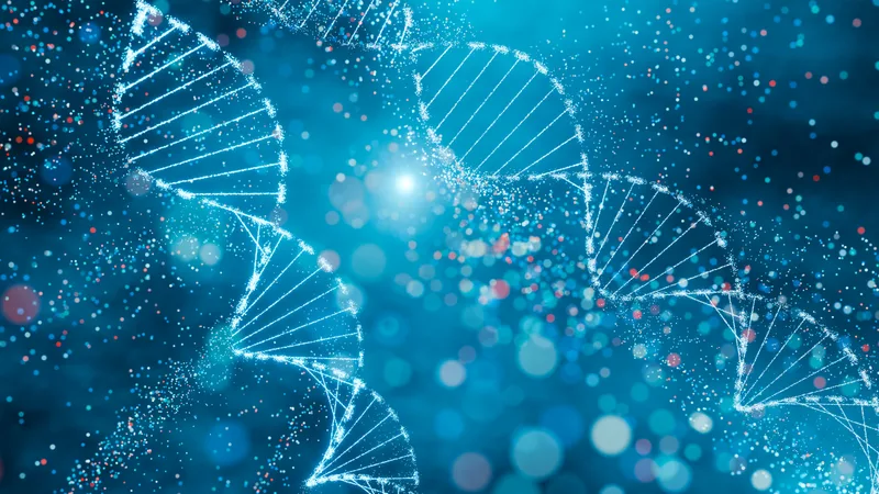 A DNA double helix rendered in blue