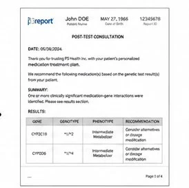 A post-test consultation report with genotype results and recommendations