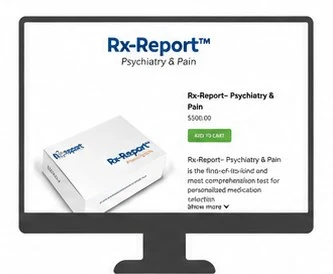 Rx Report Psychiatry and Pain product page with the test kit box